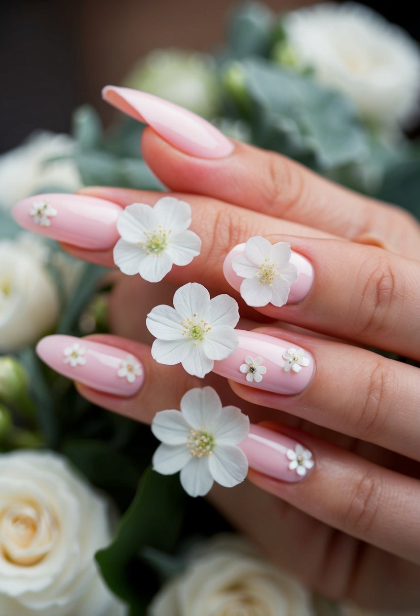 A close-up of baby pink nails adorned with delicate white flowers, perfect for a wedding guest