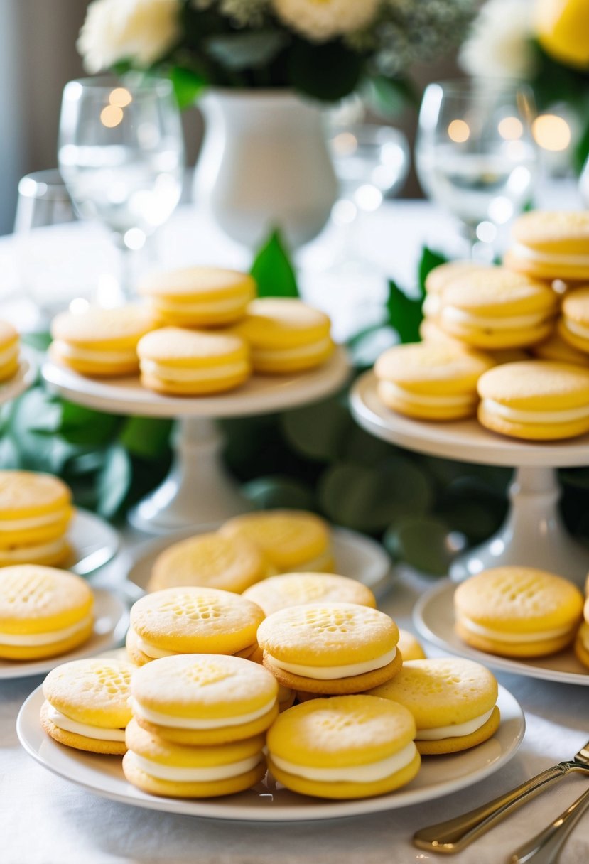 A table set with lemon sandwich cookies arranged in a decorative display for a wedding celebration