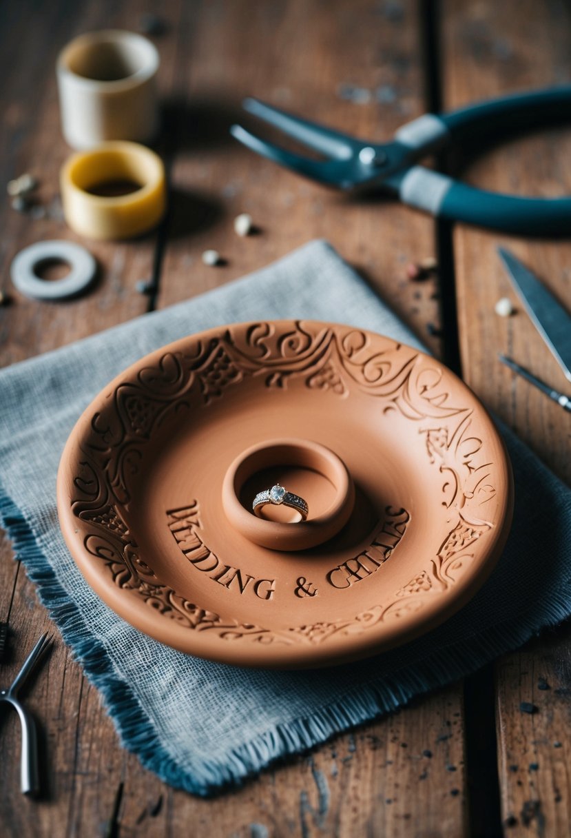 A wedding ring dish made of clay, adorned with intricate designs and the couple's initials, placed on a rustic wooden table with scattered crafting tools