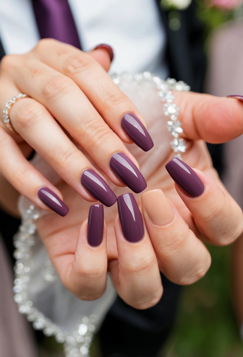 A luxurious, rich mauve gel nail polish adorns the nails of a wedding guest, adding a touch of elegance and sophistication to their overall look