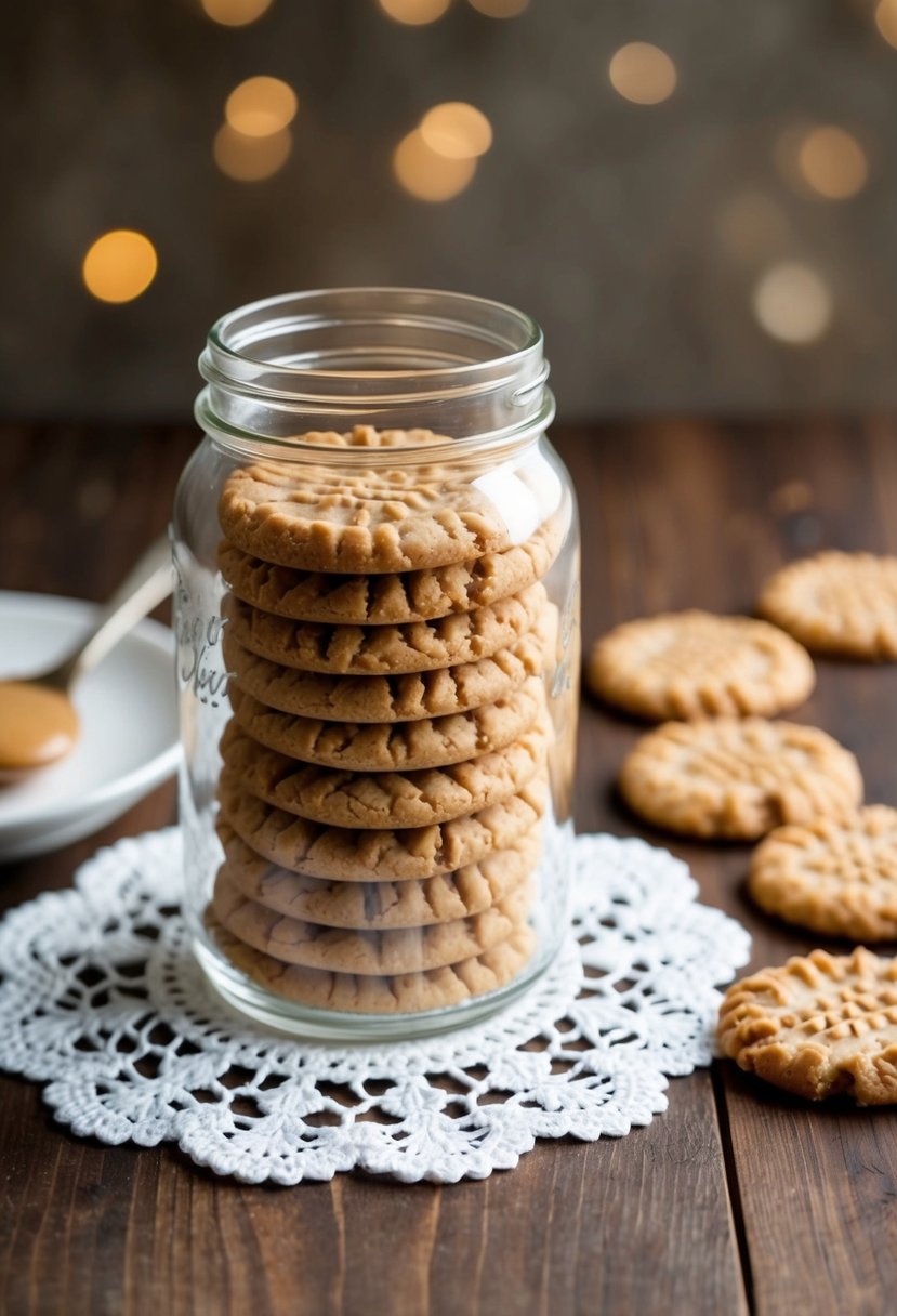 A glass jar filled with peanut butter striped cookies arranged on a white lace doily