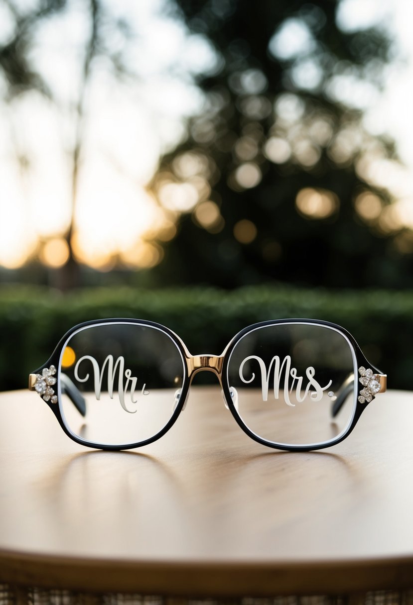 A pair of elegant Mr. & Mrs. glasses with custom vinyl designs, perfect as cricut wedding gift ideas