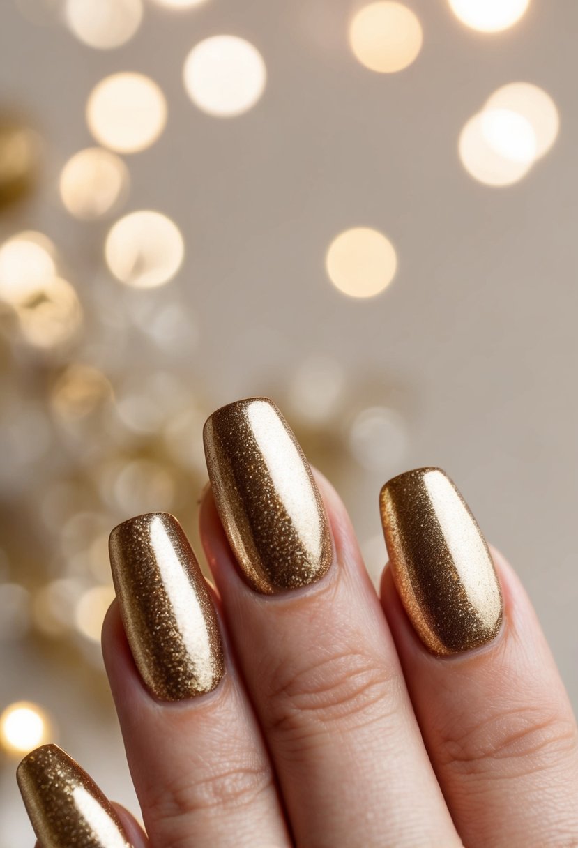 A close-up of metallic gold shimmer nails against a soft, elegant background