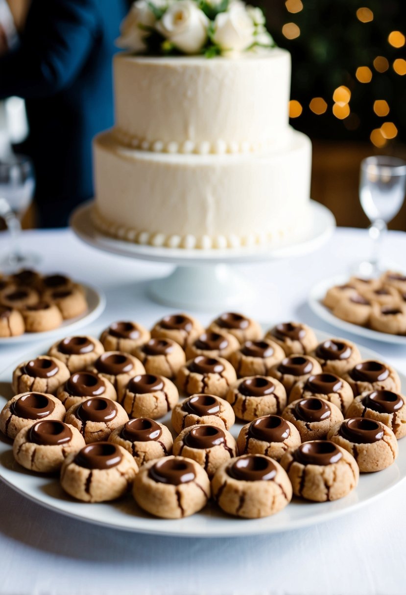 A plate of Nutella thumbprint cookies arranged in a circular pattern, with a wedding cake in the background