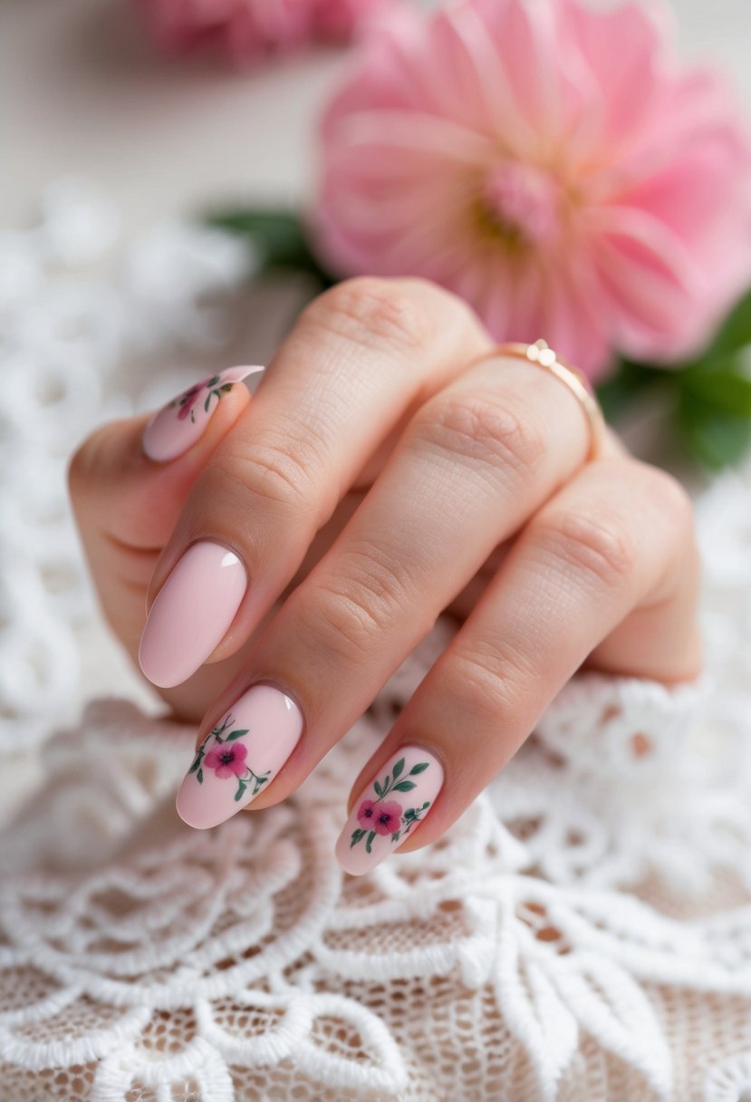 A soft pink manicure with delicate floral accents on a white lace background