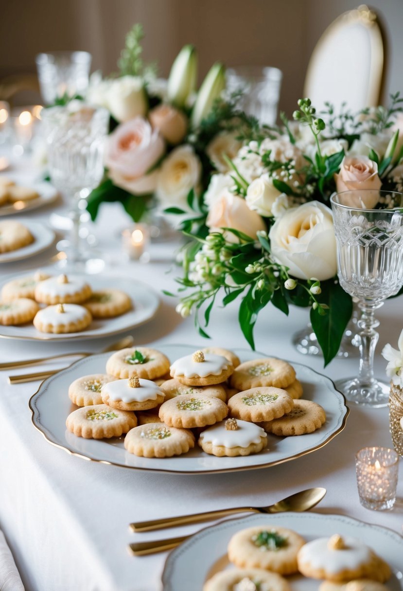 A table set with an assortment of delicate Italian Wedding Cookies, surrounded by elegant floral arrangements and sparkling glassware