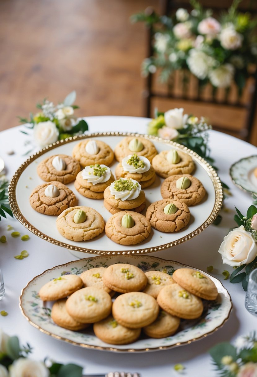 A table set with a variety of pistachio wedding cookies, arranged on a decorative platter with floral accents