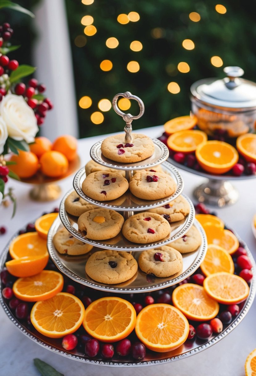 A festive wedding dessert table with orange cranberry cookies arranged on a tiered stand, surrounded by fresh cranberries and orange slices