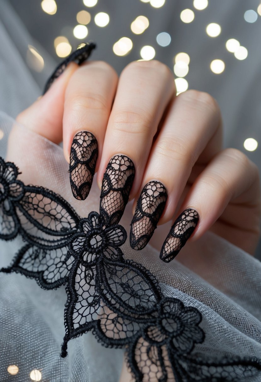 A close-up of elegant black lace nail designs on a sheer background, with delicate and intricate details