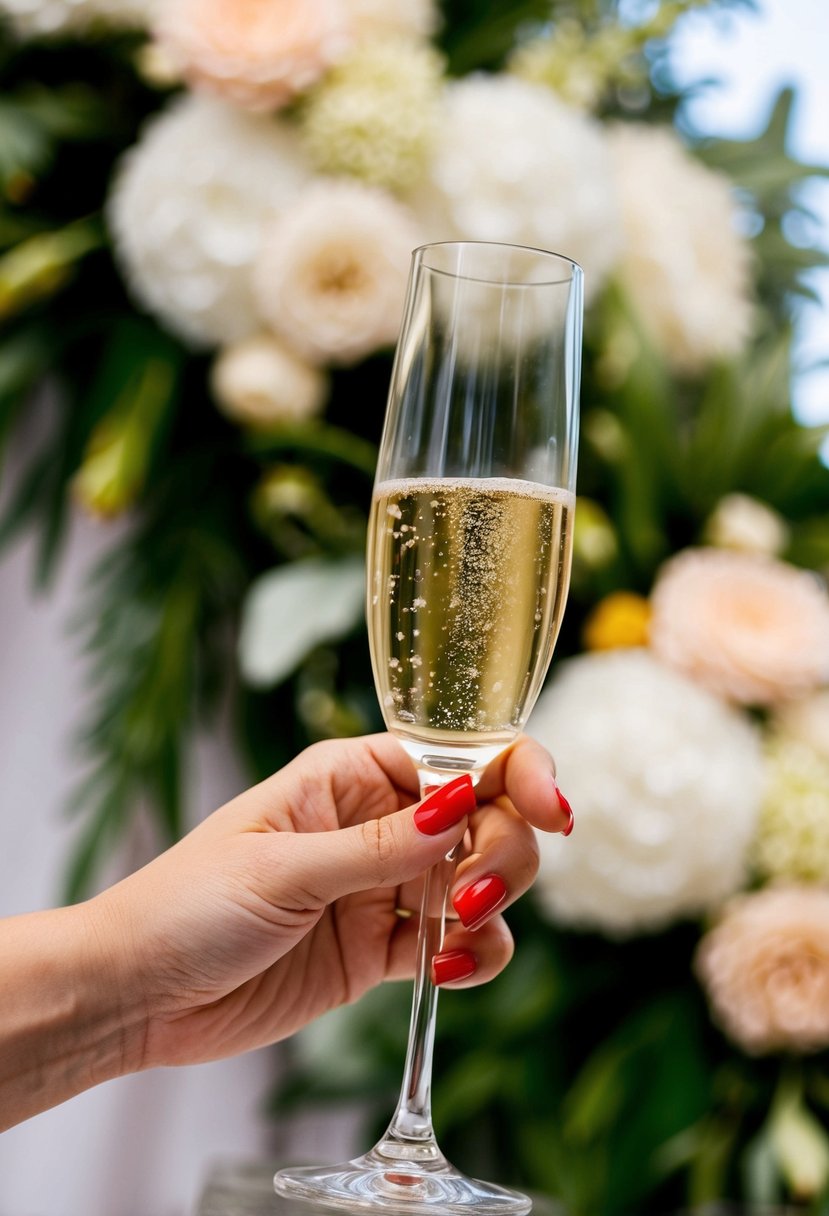 A close-up of a hand holding a glass of champagne, with vibrant red nails and a background of elegant wedding decor