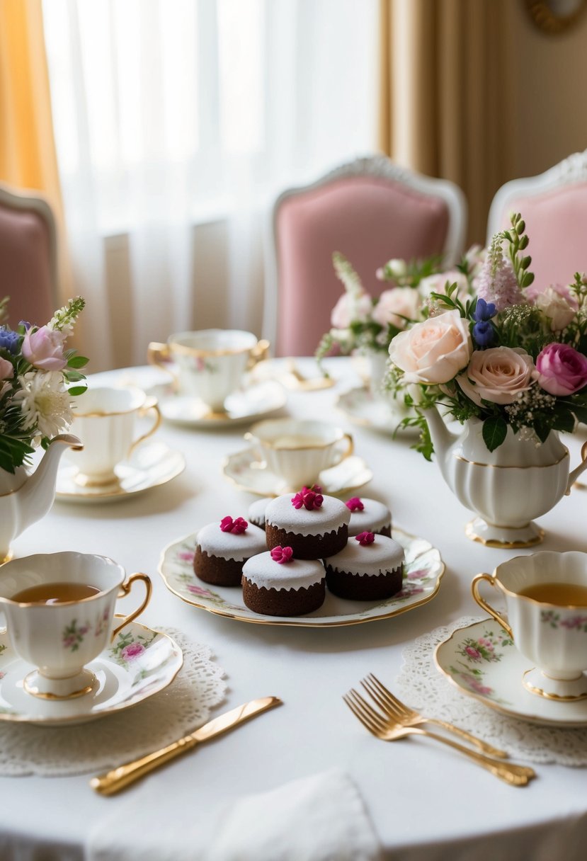 A table set with delicate Russian Tea Cakes, surrounded by elegant teacups and saucers, adorned with floral arrangements and lace accents