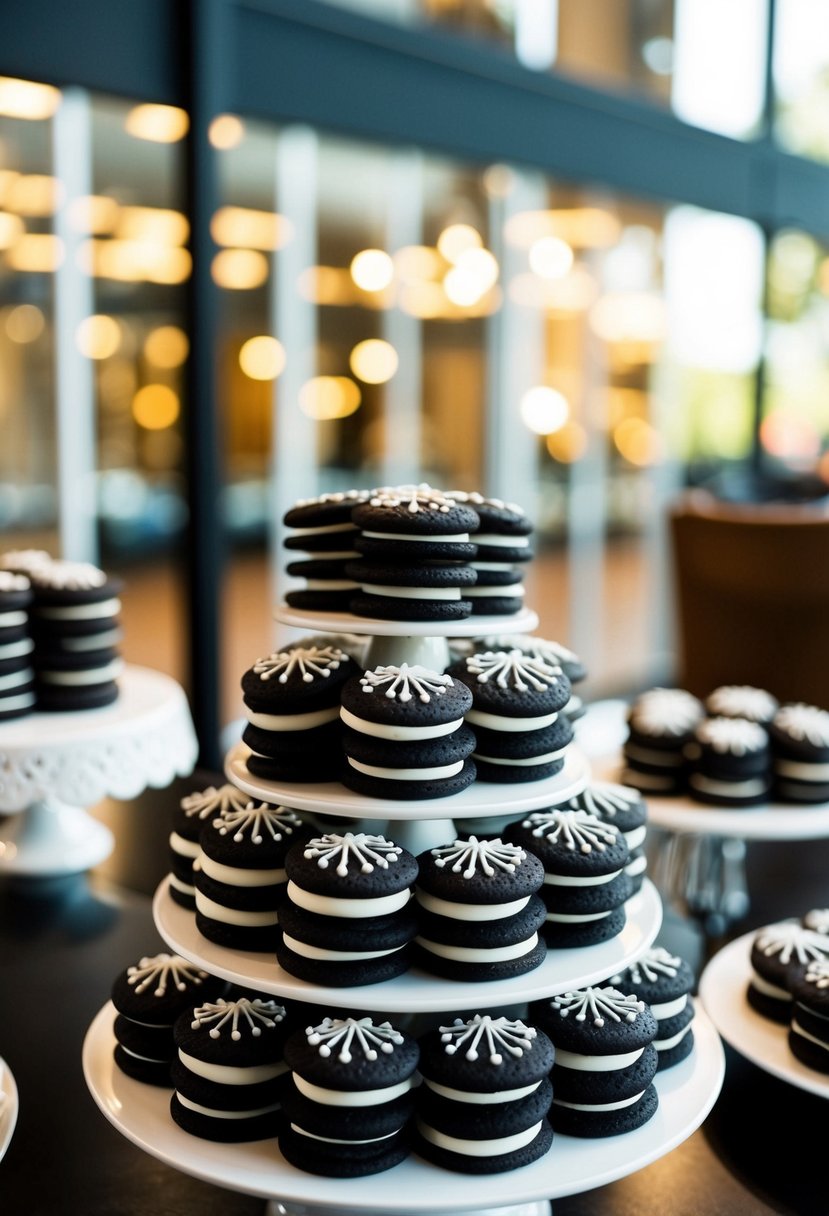 A tiered display of black and white cookies with intricate icing designs