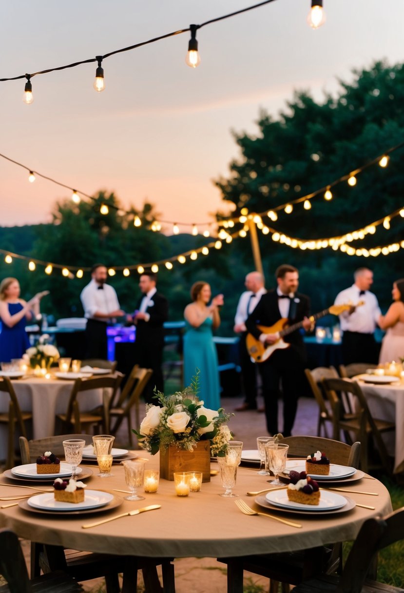 A cozy outdoor reception with string lights, simple table centerpieces, and homemade desserts. A live band plays under a makeshift canopy while guests mingle and dance