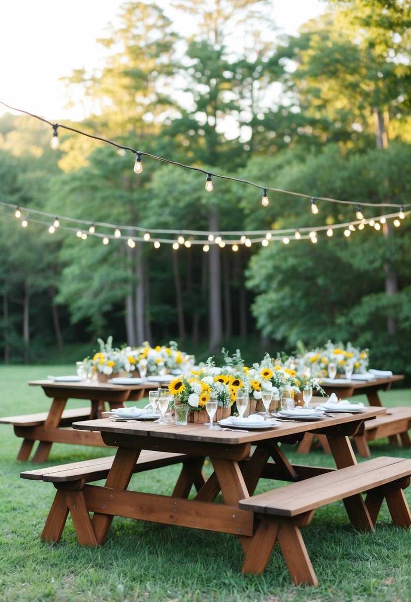 A rustic outdoor wedding reception at a state park, with string lights, picnic tables, and wildflower centerpieces