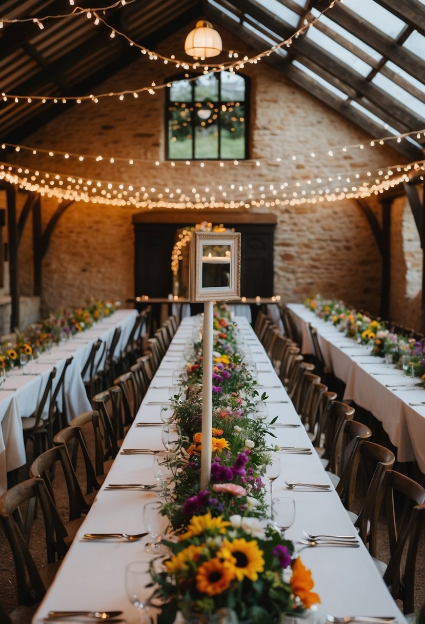 A cozy village hall with fairy lights, long banquet tables adorned with wildflowers, and a DIY photo booth made of vintage frames and colorful fabrics