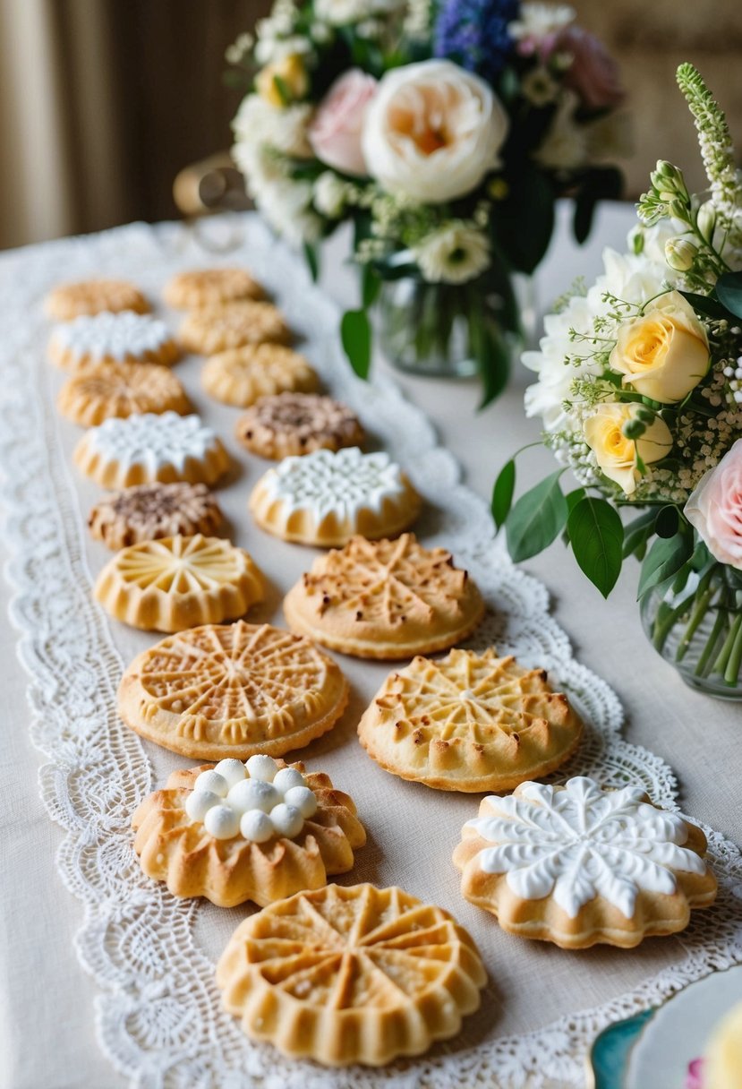 A table adorned with delicate lace and floral arrangements, featuring an array of beautifully decorated pizzelle cookies in various shapes and designs