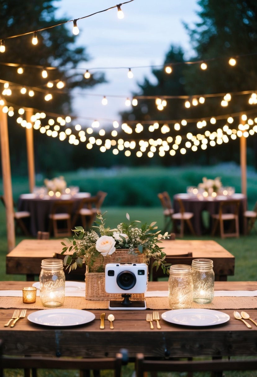 A rustic outdoor wedding reception with handmade decor, including string lights, mason jar centerpieces, and a DIY photo booth