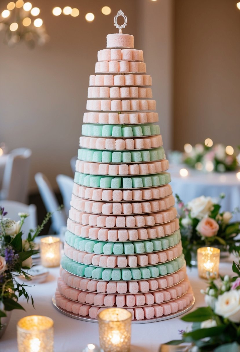 A table adorned with pastel sugar wafers arranged in a delicate tower, surrounded by floral centerpieces and twinkling tea lights