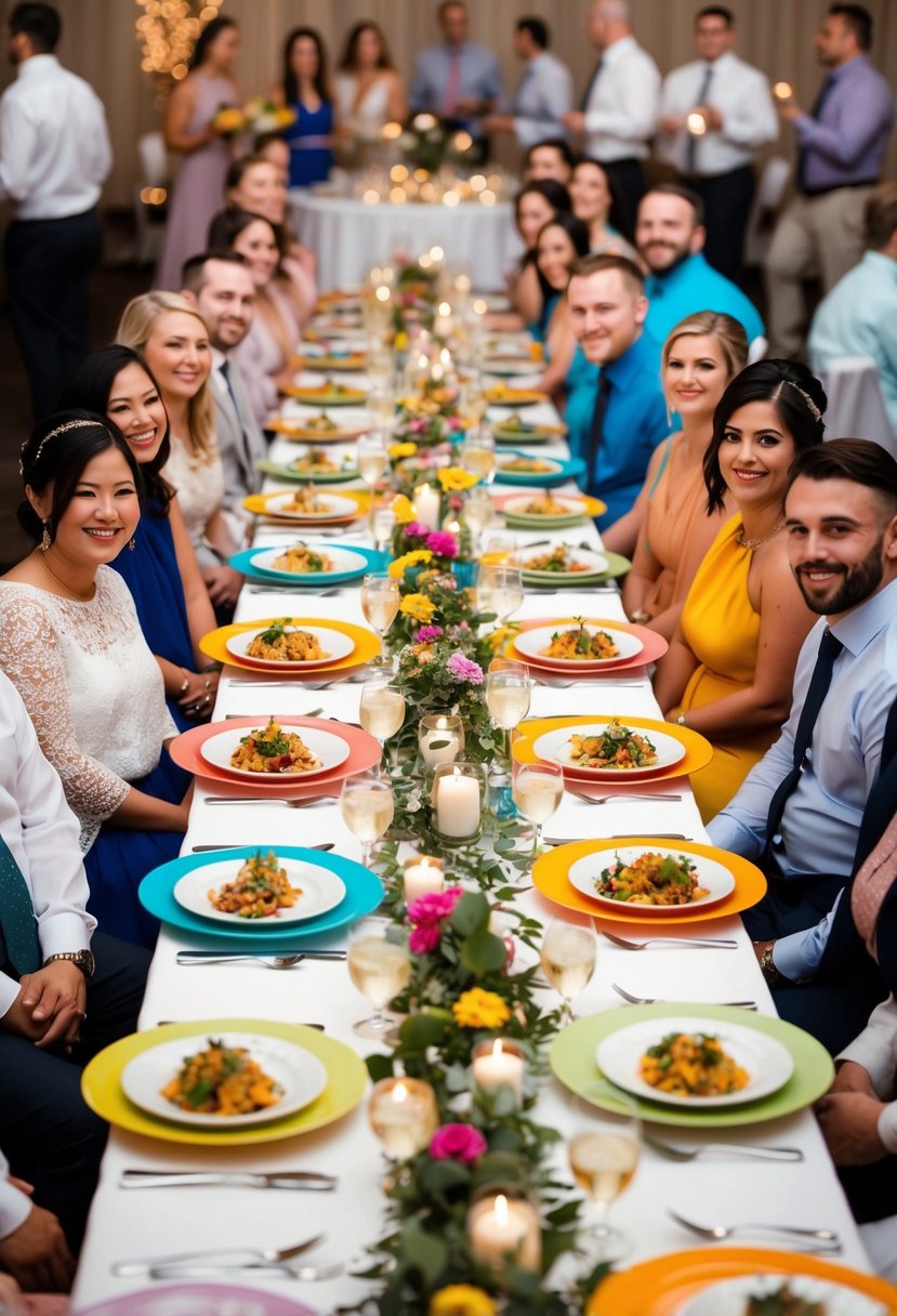 A long table adorned with colorful tablecloths and an array of budget-friendly dishes, surrounded by cheerful guests at a wedding reception