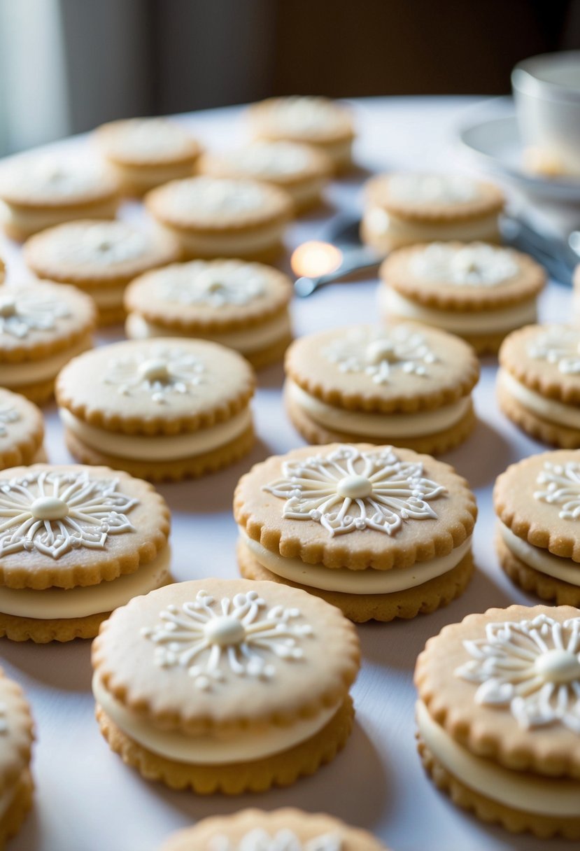 A table spread with delicate shortbread ganache sandwich cookies, adorned with intricate wedding-themed designs