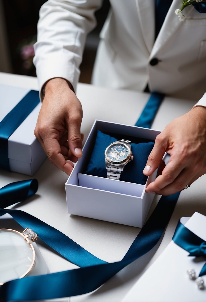 A groom's hands opening a box with a personalized watch inside, surrounded by elegant wrapping paper and a ribbon