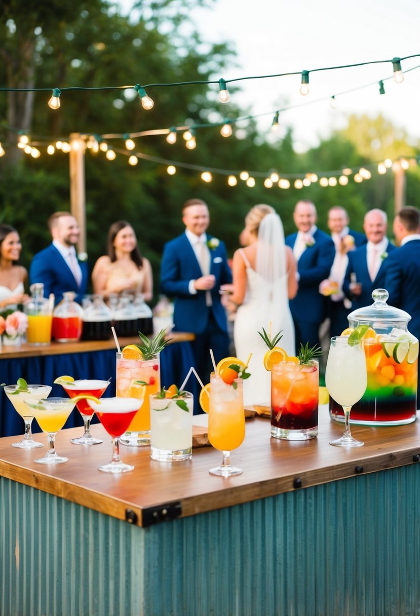 A rustic outdoor wedding reception with a colorful cocktail bar featuring a variety of signature drinks, surrounded by twinkling string lights and cheerful guests mingling in the background