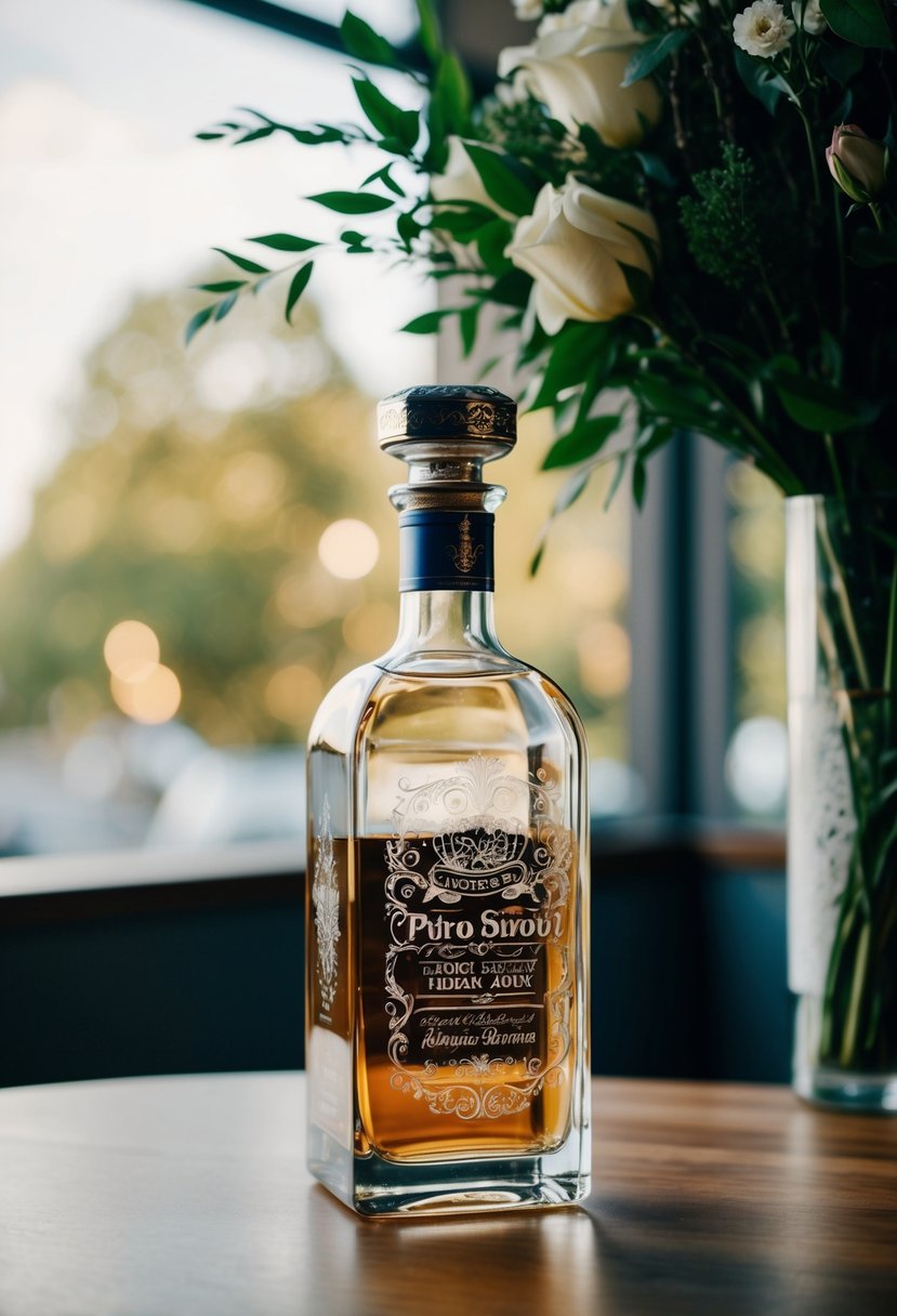 An elegant, engraved liquor bottle sits atop a wooden table, adorned with intricate designs and personalized details, ready to be presented as a thoughtful wedding gift for the groom