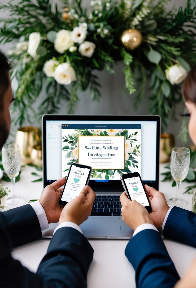 A couple's hands holding digital devices, surrounded by wedding decor and greenery, with a computer screen displaying a beautifully designed digital wedding invitation