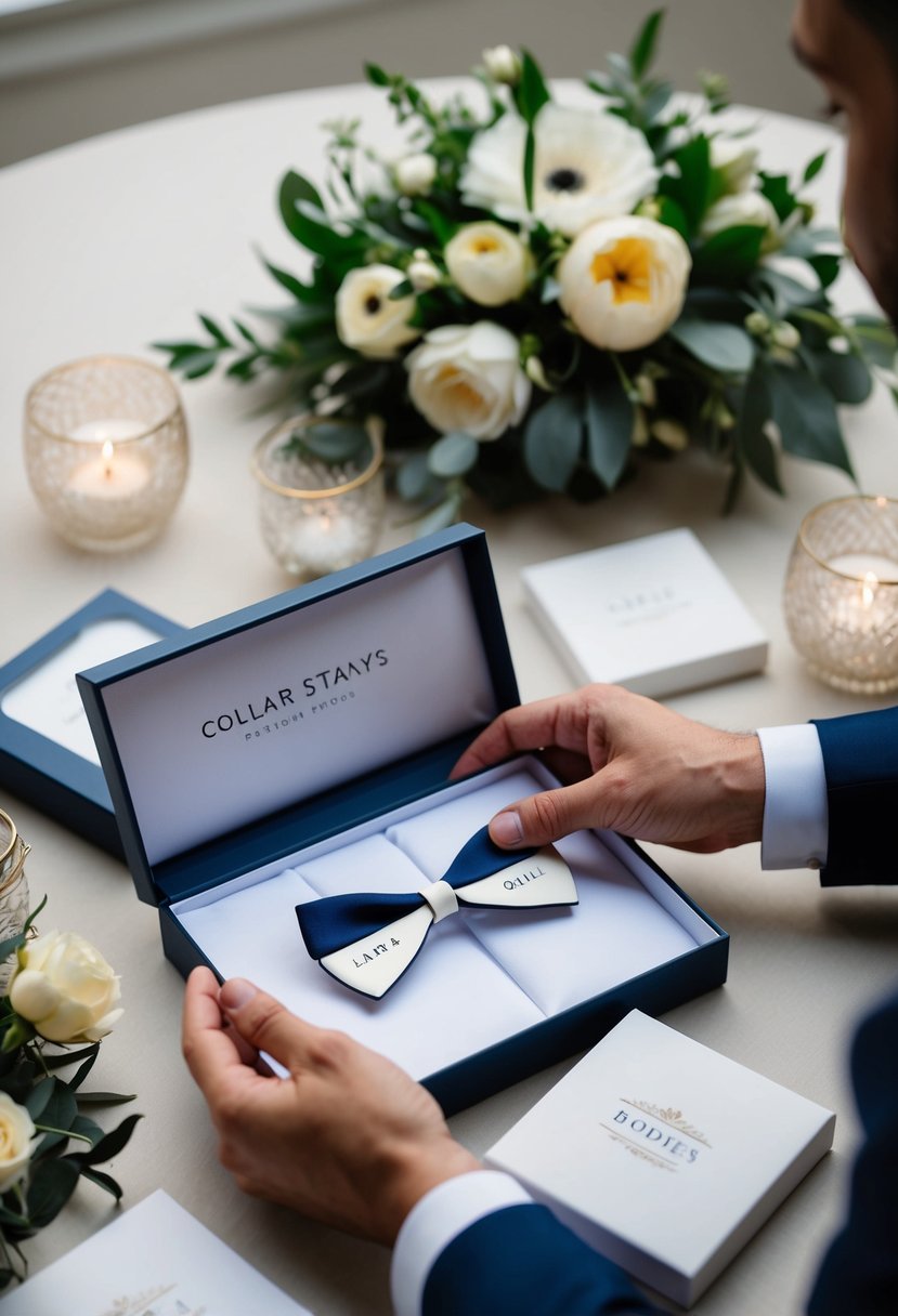 A groom's hands opening a box to reveal personalized collar stays, with wedding date and initials engraved, surrounded by elegant packaging and floral decor