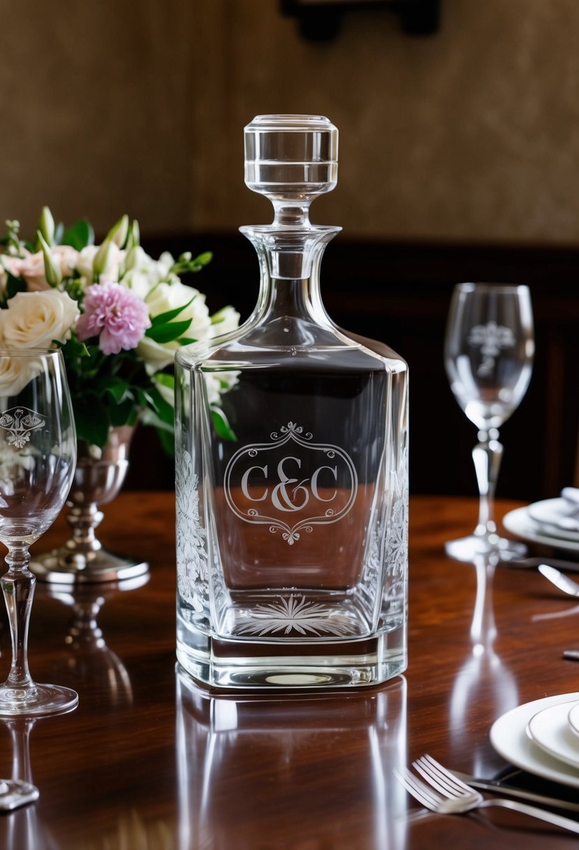 A custom decanter engraved with the couple's initials sits on a polished wooden table, surrounded by elegant glassware and a bouquet of fresh flowers