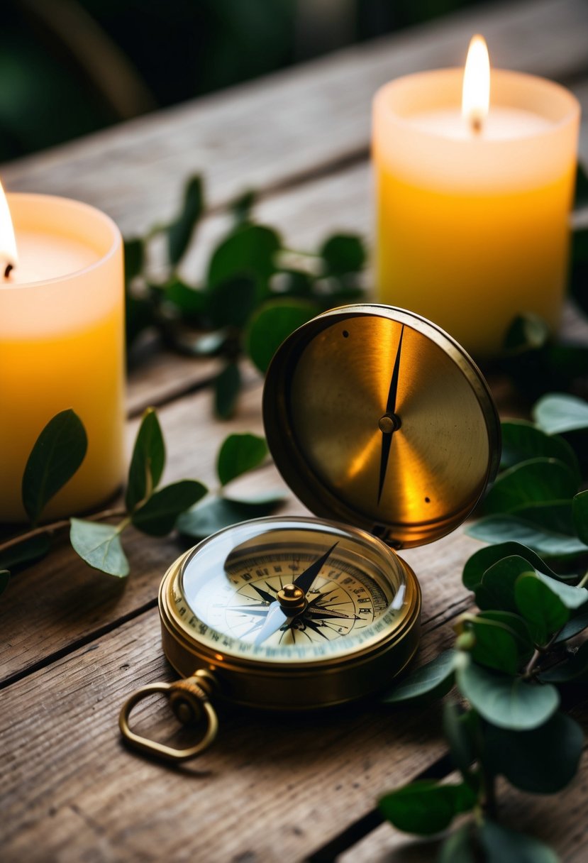 A vintage compass resting on a wooden table, surrounded by greenery and soft candlelight