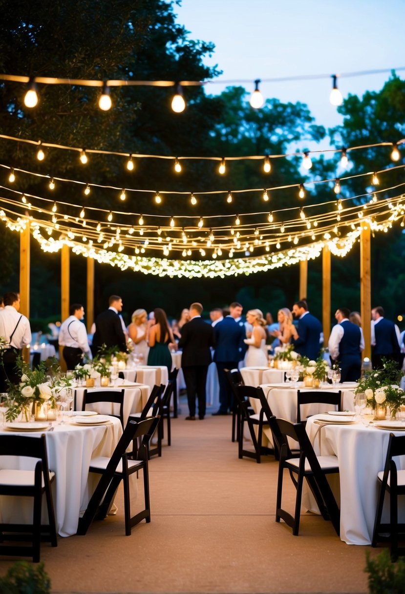 String lights drape across an outdoor wedding reception, casting a warm and romantic glow over the space. Tables are adorned with simple centerpieces, and guests mingle under the twinkling lights