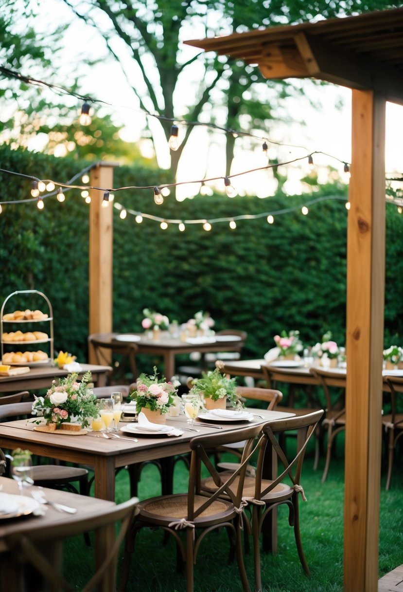 A cozy outdoor garden setting with bistro tables, string lights, and simple floral centerpieces. A buffet table offers a variety of brunch and lunch options