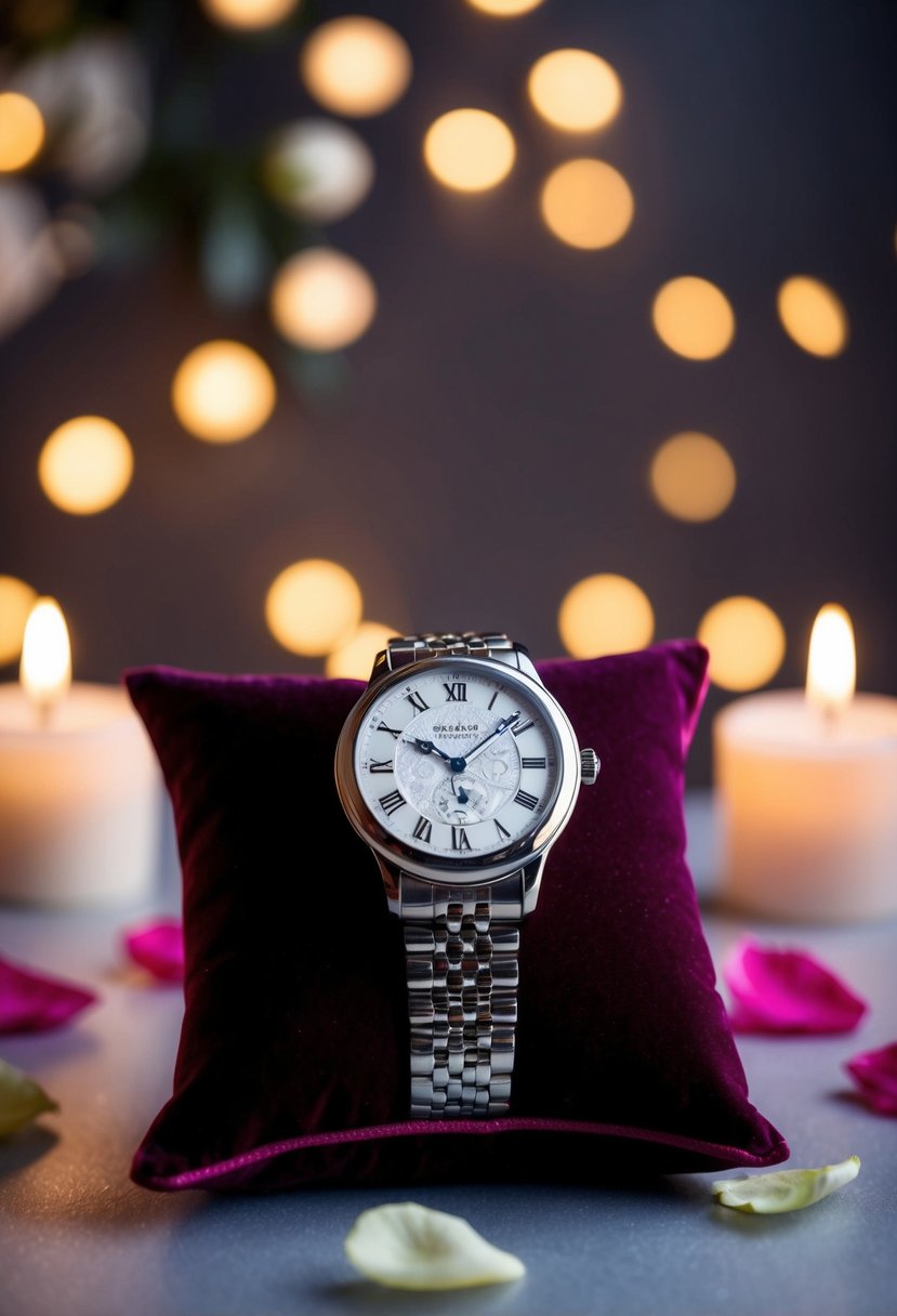 An elegant engraved watch displayed on a velvet cushion with a background of soft candlelight and rose petals