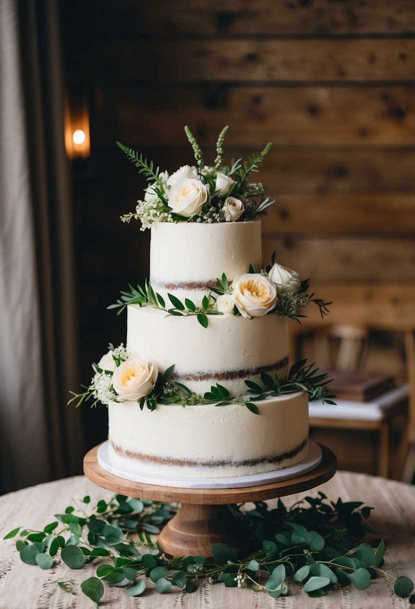 A three-tiered wedding cake adorned with fresh flowers and greenery sits atop a wooden stand in a cozy, rustic setting