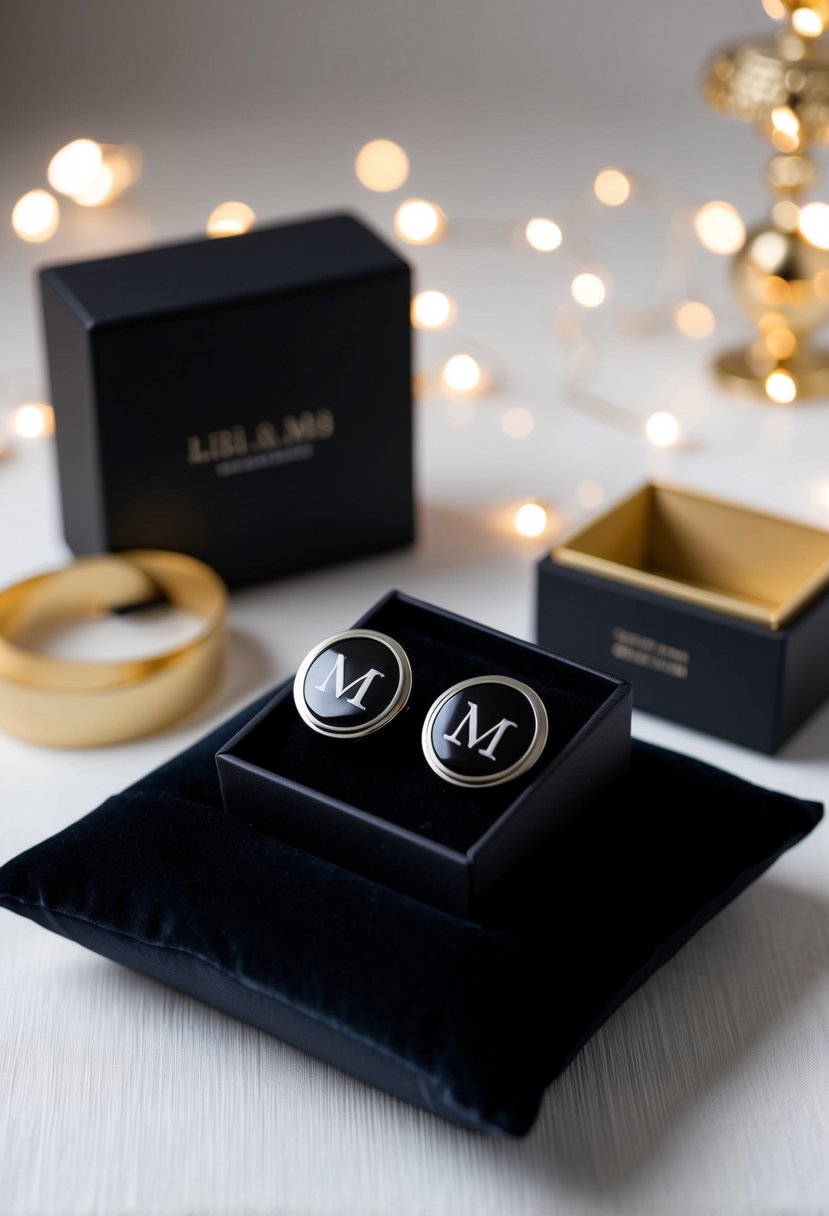 A sleek black cufflink box with monogrammed initials sits on a velvet pillow, surrounded by soft lighting and elegant packaging