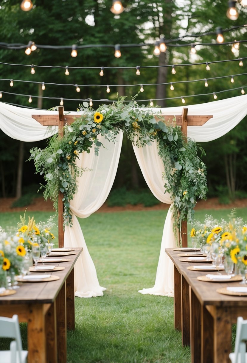 An outdoor venue with string lights, wooden tables, and wildflower centerpieces. A rustic arch adorned with draped fabric and greenery