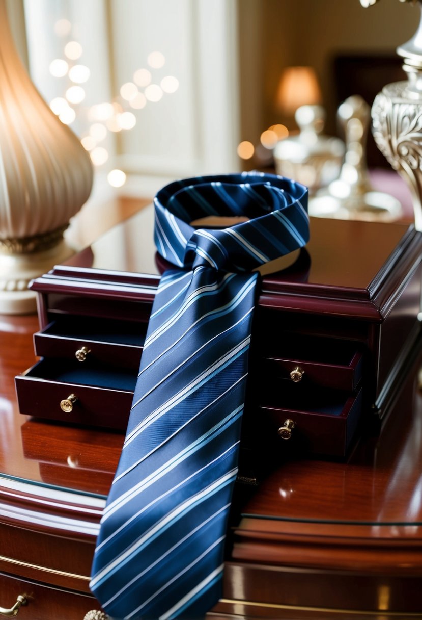 A sleek tie set displayed on a polished wooden dresser, surrounded by soft lighting and elegant decor