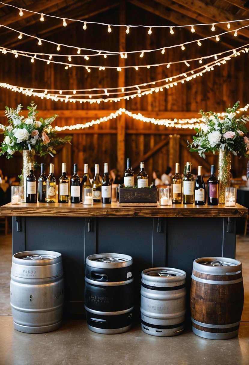 A rustic bar adorned with wine bottles and beer kegs, surrounded by twinkling lights and floral decorations for a budget-friendly wedding reception