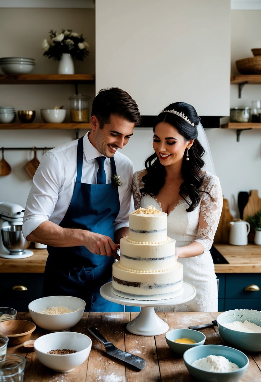 A bride and groom bake a tiered wedding cake together in a cozy kitchen, surrounded by mixing bowls, ingredients, and a rustic wooden table