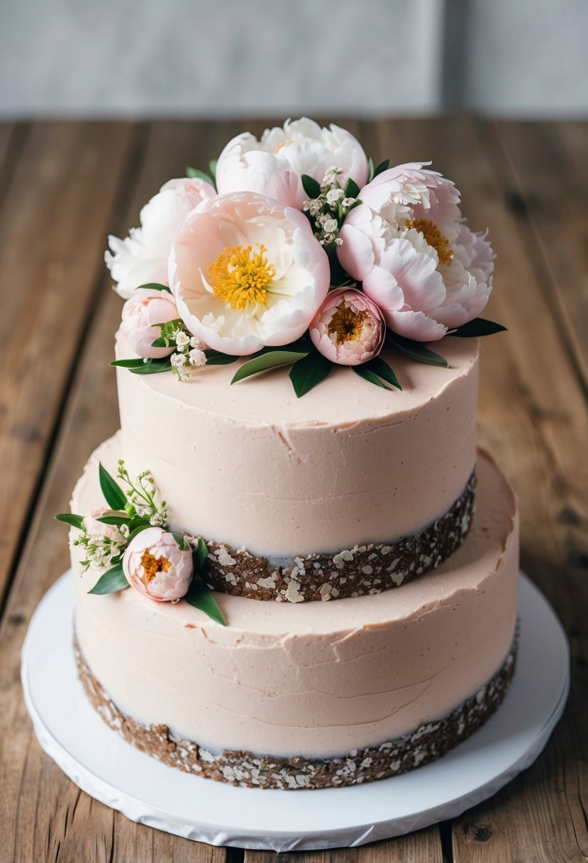 A pastel peony cake sits on a wooden table, adorned with rough icing and delicate floral decorations, perfect for a rustic wedding celebration