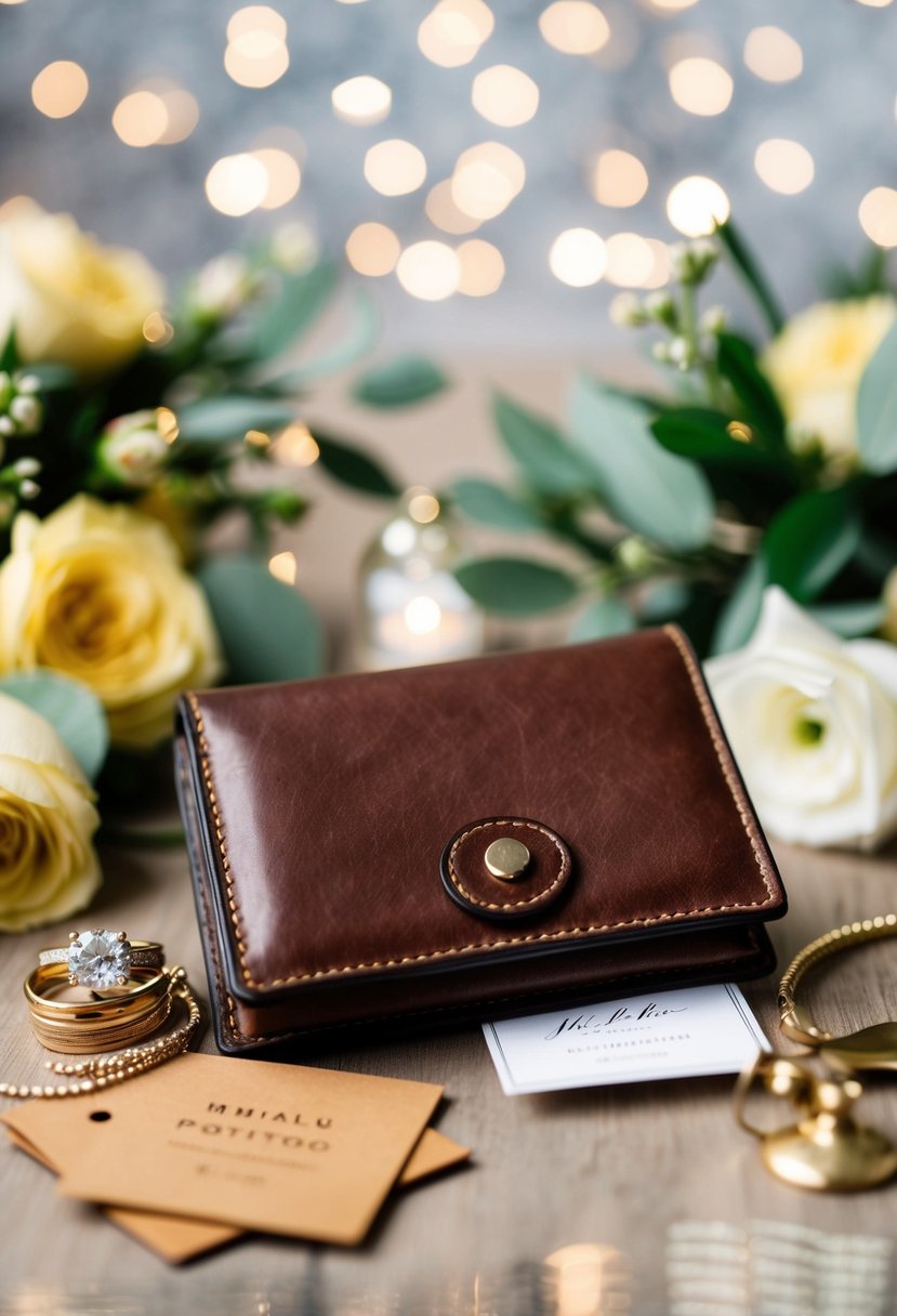 A leather wallet surrounded by wedding accessories and a gift tag