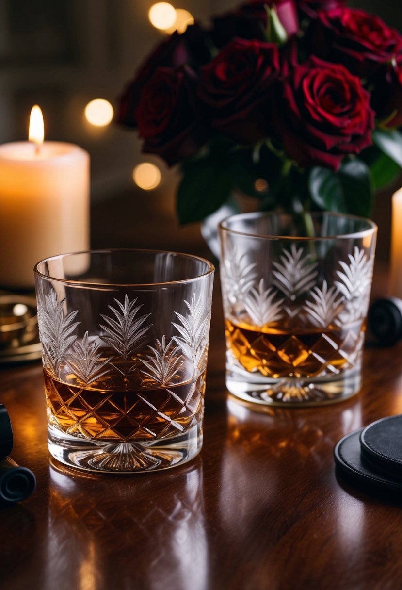 Two whiskey glasses engraved with intricate designs sit on a polished wooden table, surrounded by soft candlelight and a bouquet of dark red roses