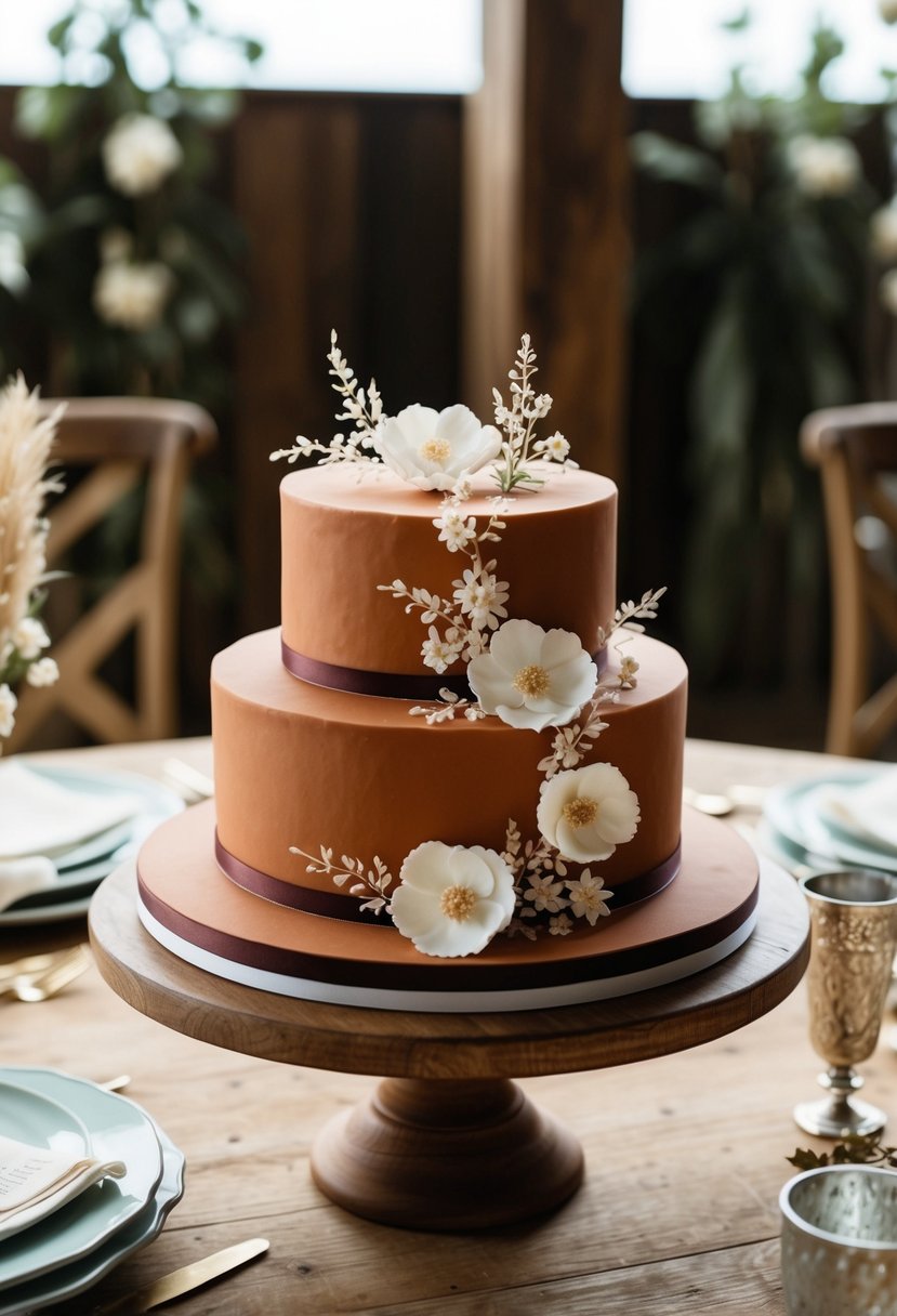 A terracotta-inspired cake adorned with delicate sugar flowers sits on a wooden table, surrounded by rustic wedding decor