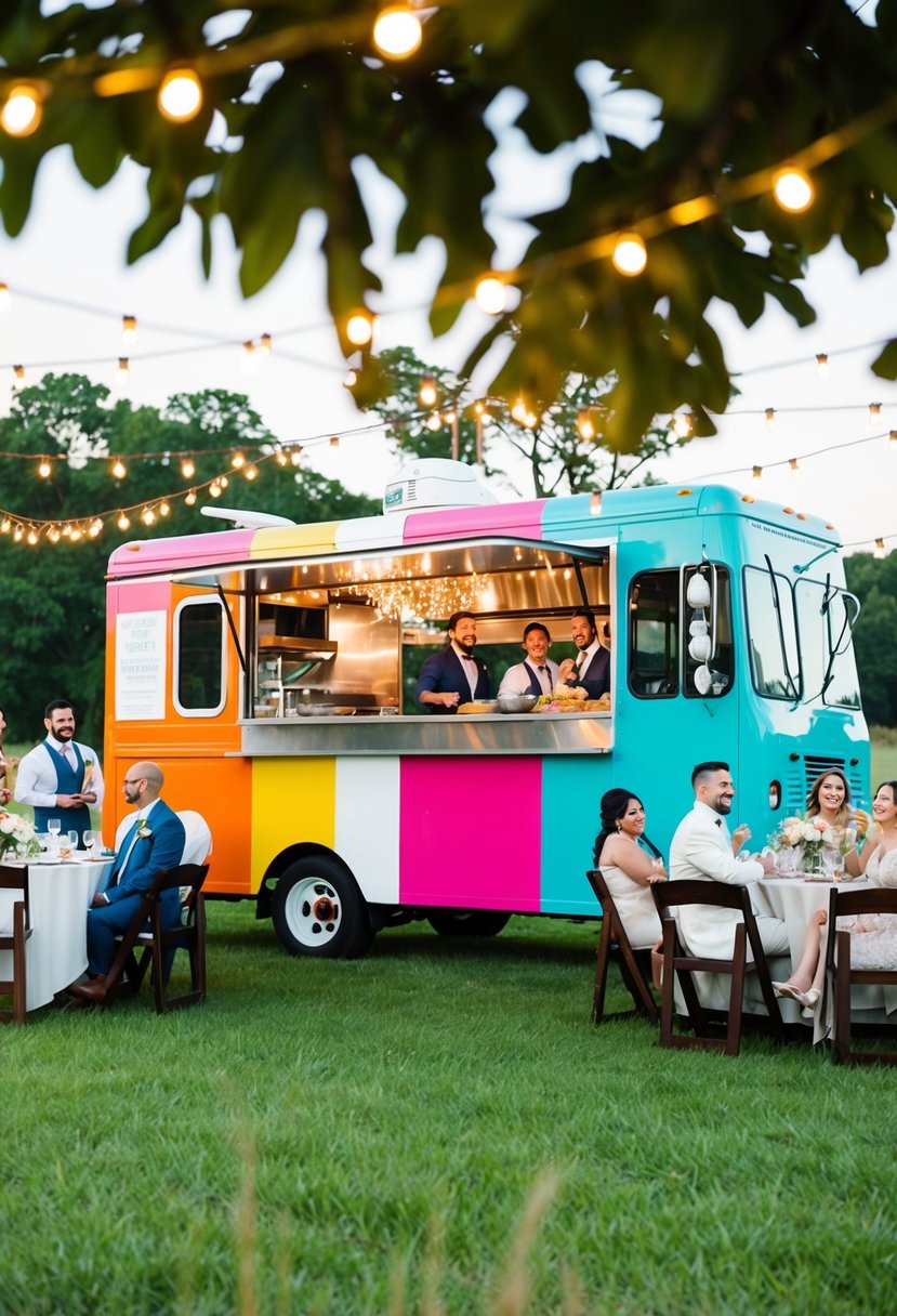 A colorful food truck parked in a grassy field, surrounded by festive string lights and tables with cheerful guests enjoying a budget-friendly wedding reception