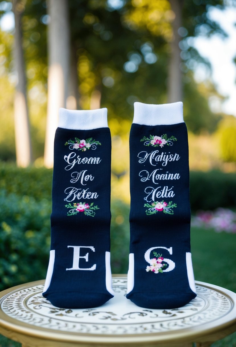 A pair of custom groom socks with wedding-themed designs and personalized initials displayed on a decorative table