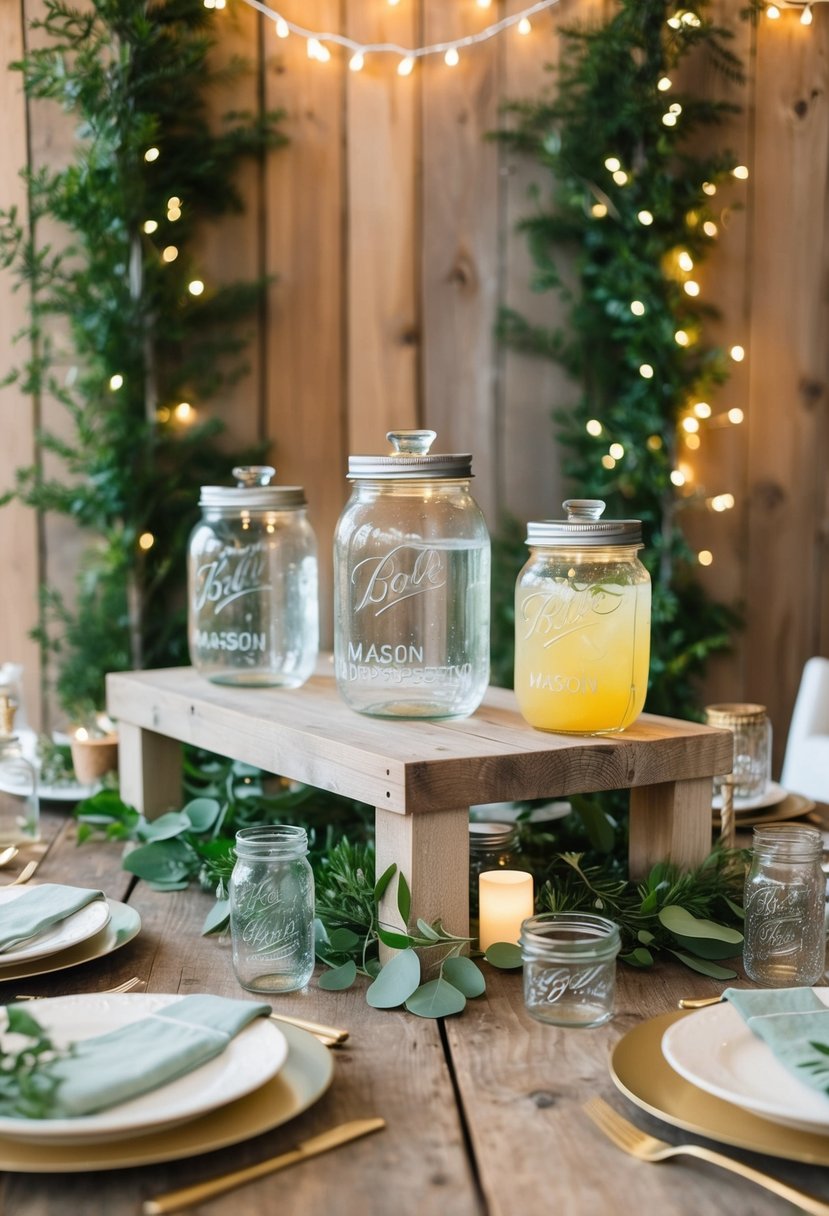 A rustic wooden table with mason jar drink dispensers, assorted glassware, and DIY decor. Greenery and fairy lights adorn the backdrop