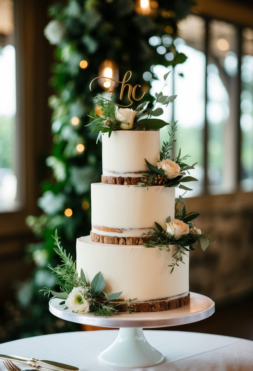 A whimsical wedding cake adorned with greenery and rustic accents