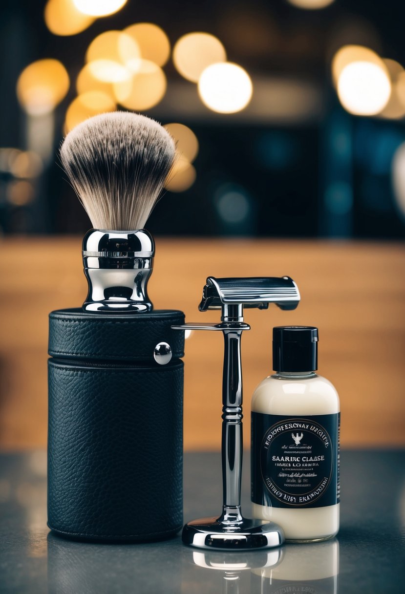 A sleek, black leather case holds a chrome shaving brush, razor, and stand. A bottle of rich, woodsy-scented shaving cream sits next to it