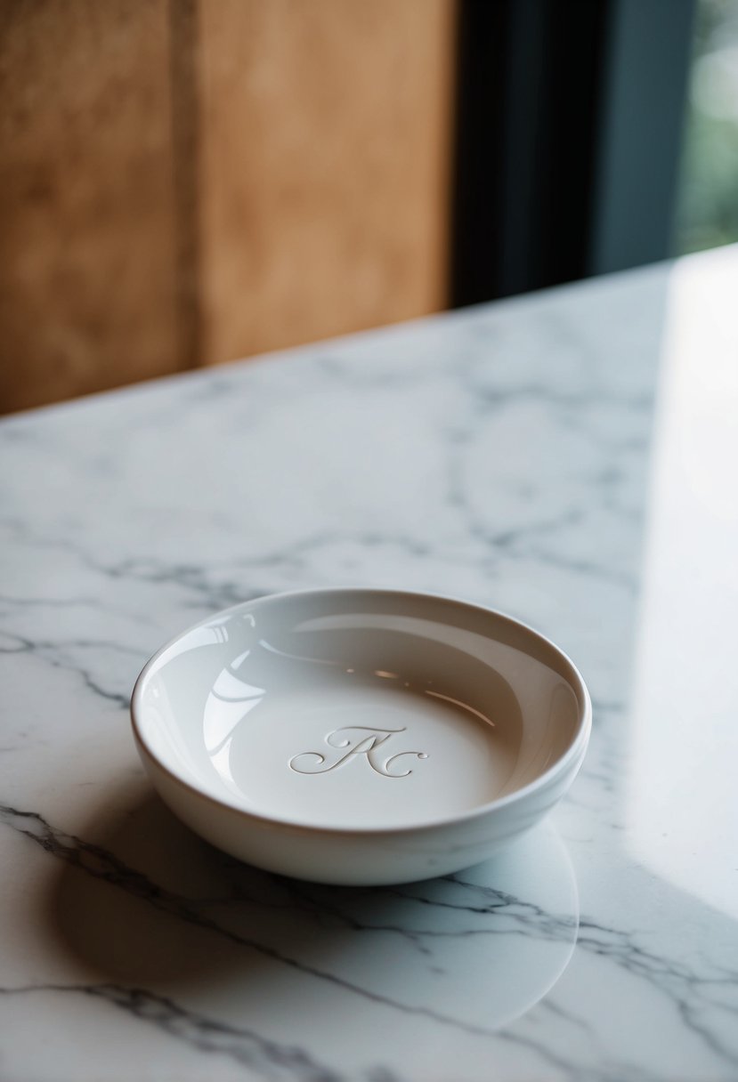 A sleek, white ceramic ring dish sits on a marble countertop, with the groom's initials elegantly engraved on the surface